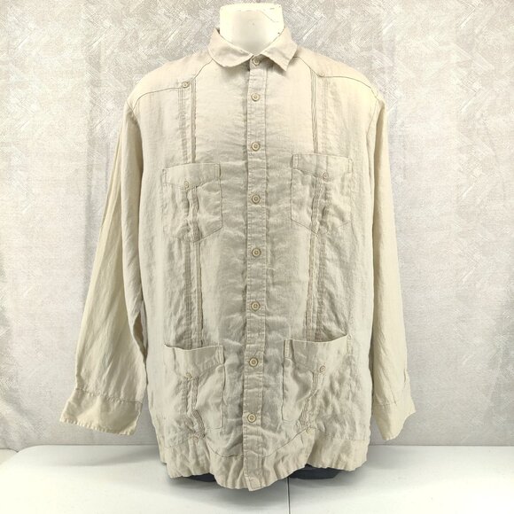 Cubavera Shirt Mens XLT Beige Linen Guayabera Long Sleeve 4 Pocket Button Front - Picture 1 of 9